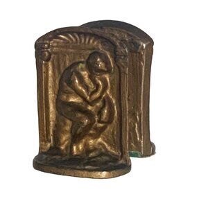 THE THINKER BOOKENDS Vtg Pair Gilded Bronze Heavyweight Art Deco Lost In Thought